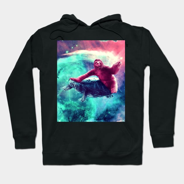 Crazy Funny Space Sloth Riding On Turtle Hoodie by Random Galaxy